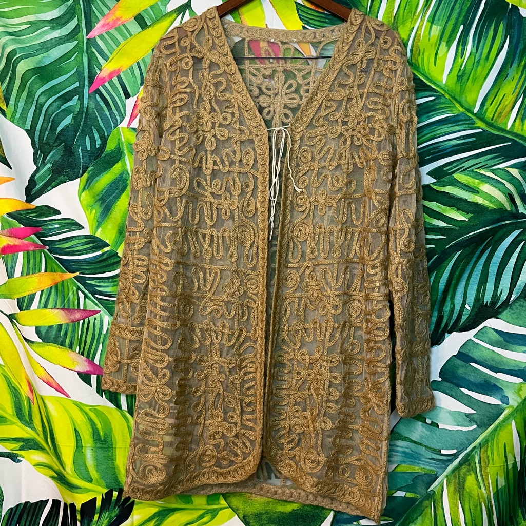 Joie L Sheer Tan Embroidered Yarn Boho Lightweight Spring Maximalist Cardigan